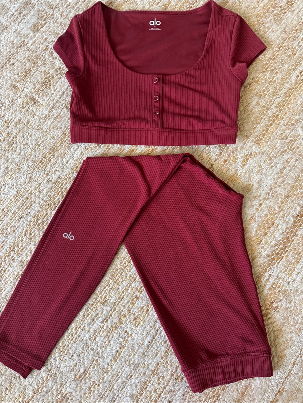 ALO Yoga Ribbed Button-Front Crop Top & High-Waist Leggings Set in Burgundy 7/8
